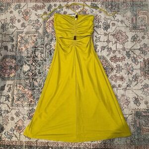 Zara Chartreuse Ruched Midi Dress (Small)